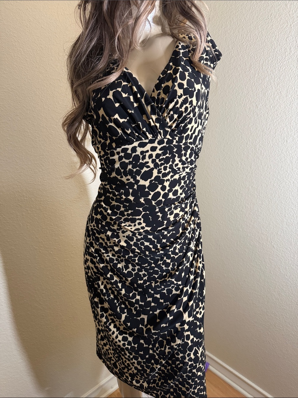 American Living Black and Cream Animal-Print Midi Dress